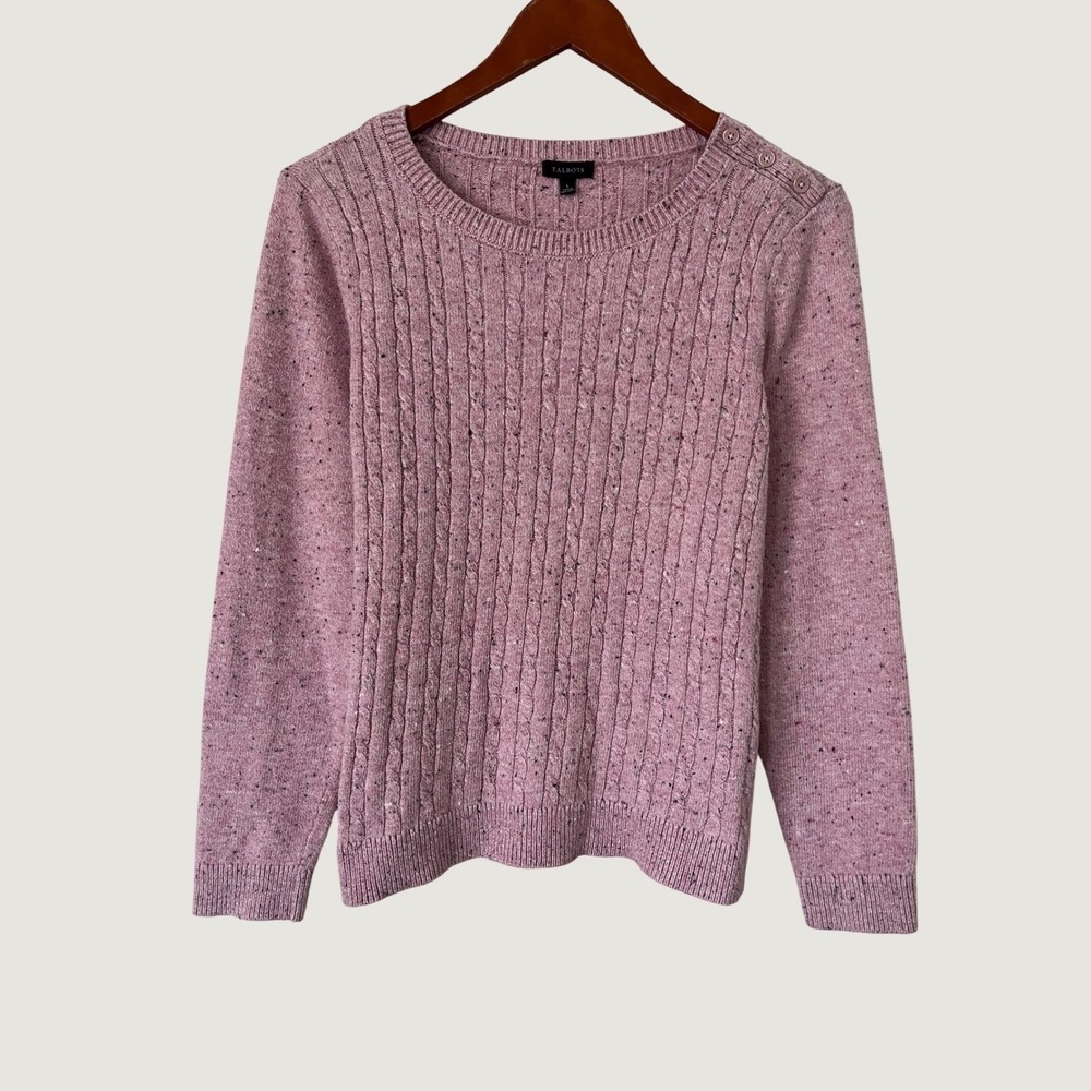 Talbots Pink Cable Knit Donegal Sweater Button Shoulder Cottagecore Boho Large